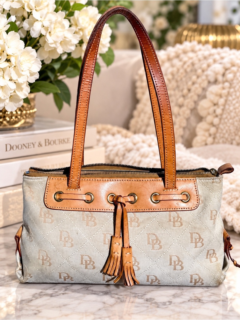 Vintage Dooney & Bourke DB Monogram Canvas Tassel Shoulder Bag Tan Y2K